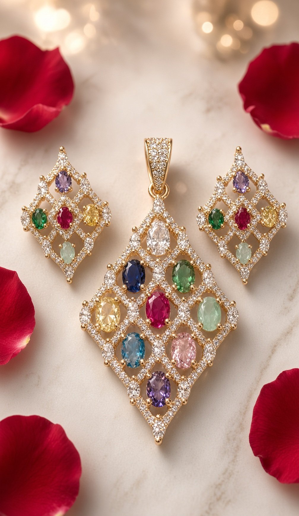 The Celestial Navratana Lattice Pendant Set-Gold Finish