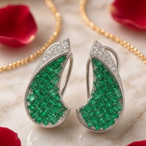 The Verdant Arc Emerald Baguette And Diamond-Style Curved Ear Climbers-Platinum Finish
