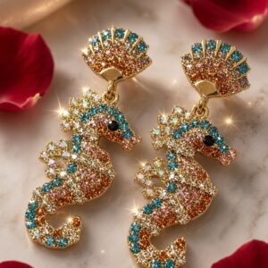 The Oceanis Pavillion Seahorse Pastel Statement Earrings-Gold Finish