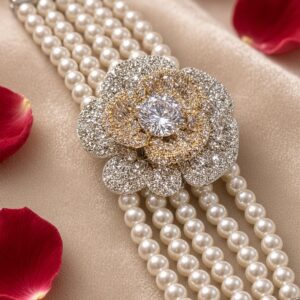 The Empress Camellia Multi-Strand Pearl Camellia Bracelet-Platinum Finish