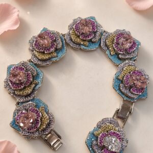 The Jardin Imperial Multicolor Flora Turquoise And Magenta Link Bracelet-Platinum Finish