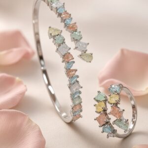 The Prism Pastel Multi-Cut Gemstone Bypass Kada Bracelet With Ring-Platinum Finish