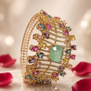 The Emerald Sovereign Multi-Gemstone Lattice Navratana Inspired Kada Bracelet-Gold Finish