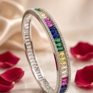 Imperial Spectrum Frost Single-Row Rainbow Gemstone Baguette Kada Bracelet-Platinum Finish