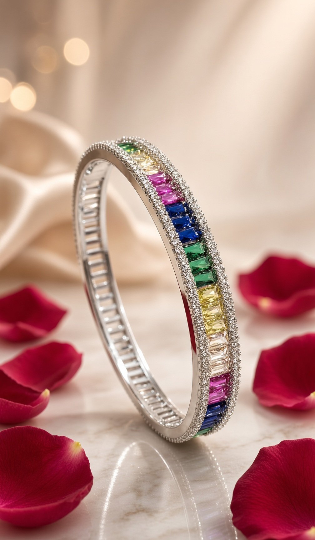 Imperial Spectrum Frost Single-Row Rainbow Gemstone Baguette Kada Bracelet-Platinum Finish