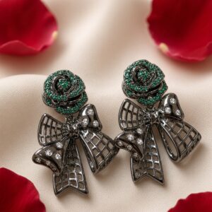 The Emerald Rose And Lattice Bow Earrings-Black Rhodium Finish