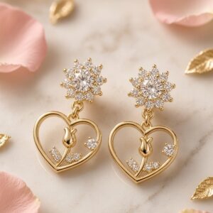 Stem Rose on Pearly Heart Earrings