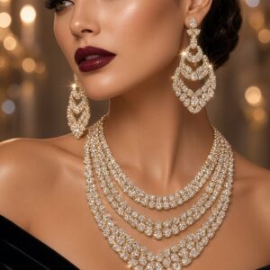 The Royal Step-Layer Cascading Pear-Cut Cz Choker Set-Gold Finish