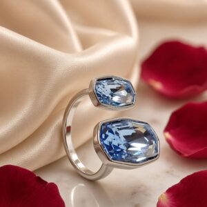 Oceania Bezel-Set Sapphire Blue Open Adjustable Ring-Platinum Finish
