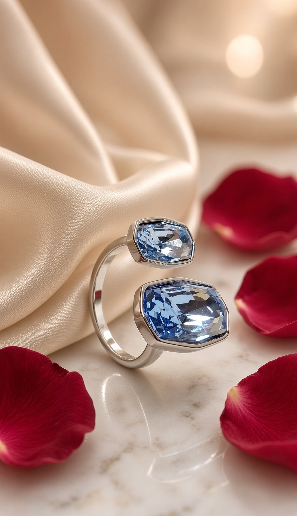 Oceania Bezel-Set Sapphire Blue Open Adjustable Ring-Platinum Finish