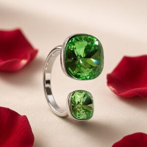 Aura Green Crystal Open Dual Stone Adjustable Ring-Platinum Finish