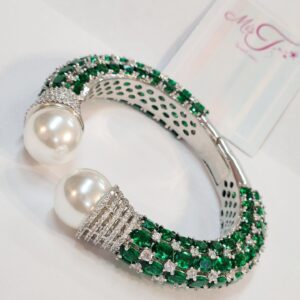 Modern Diamond Look Emerald Green Front Openable Platinum Finish Bracelet