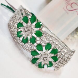 Flower Frenzy Emerald Green Bracelet- Platinum Finish
