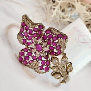 Ruby Floral Statement Bangle - Elegant Flower Bridal Cuff Bracelet