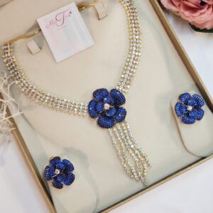 Designer Cubic Blue Zirconia Flower Tassel Jewelry Set