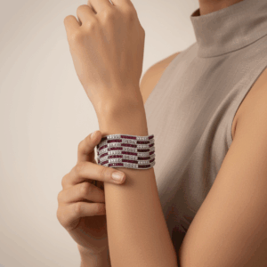 Wine Red Pearl & Moissanite Silver Finish Bracelet