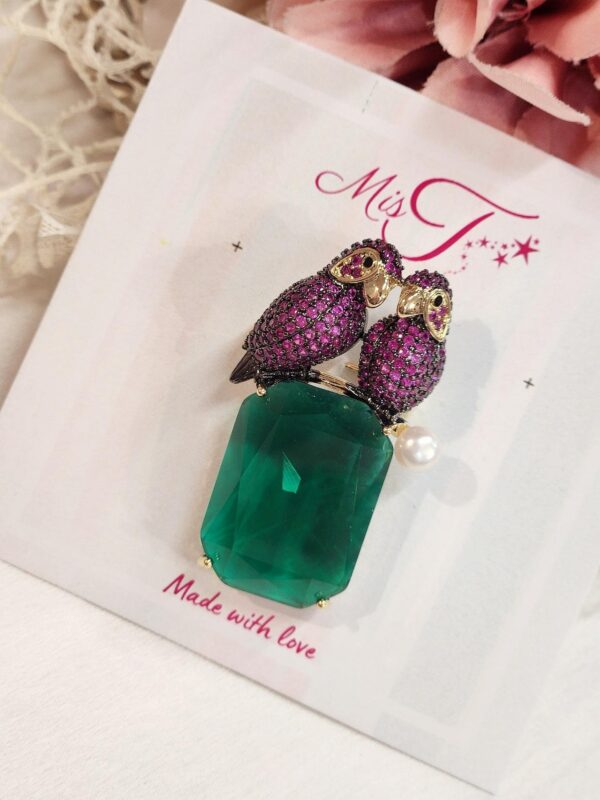 Ruby Birds on Emerald Broach