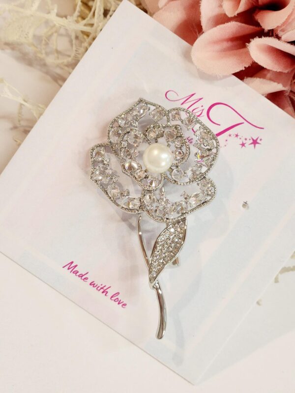 Stem Rose Silver Finish Broach