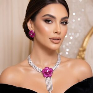 Designer Cubic Ruby Zirconia Flower Tassel Jewelry Set