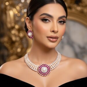 Traditional Pink Stone & Pearl Bridal Necklace Set