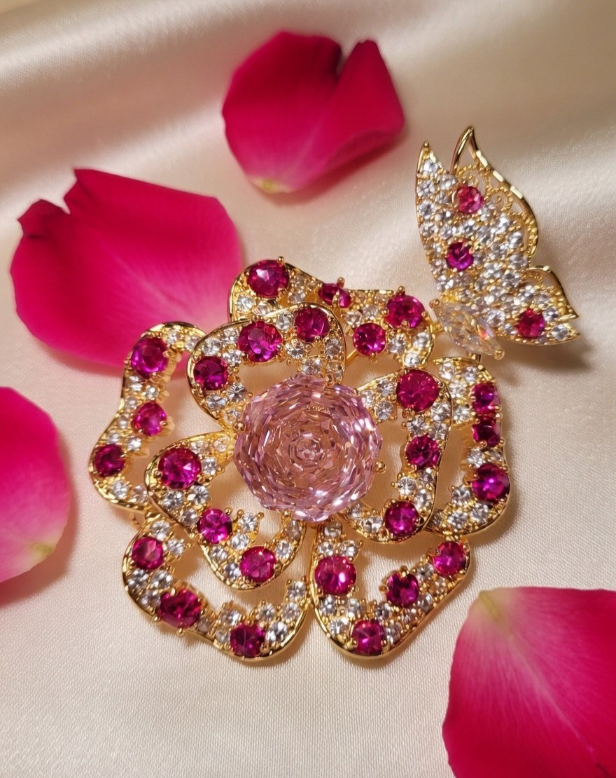 Ruby Floral Crystal Brooch