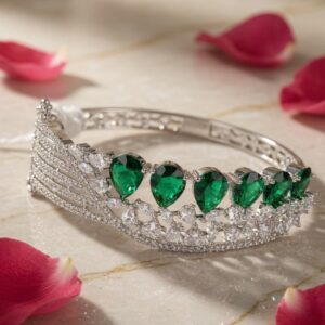 Charming Cuff Emerald Green Bracelet- Platinum Finish