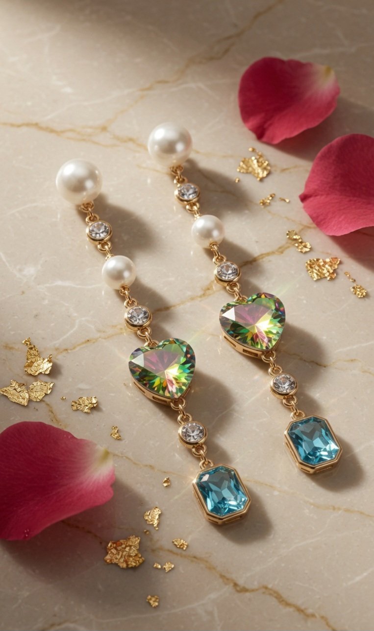 The Iris Kaleidoscope Heart &Pearl Drop-Gold Finish