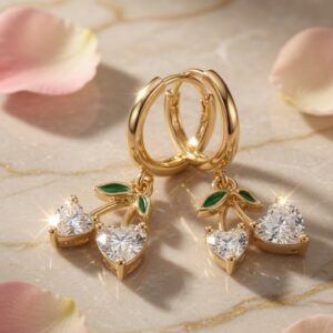 Everlasting Verdant Cherry Charms Hoops-Gold Finish