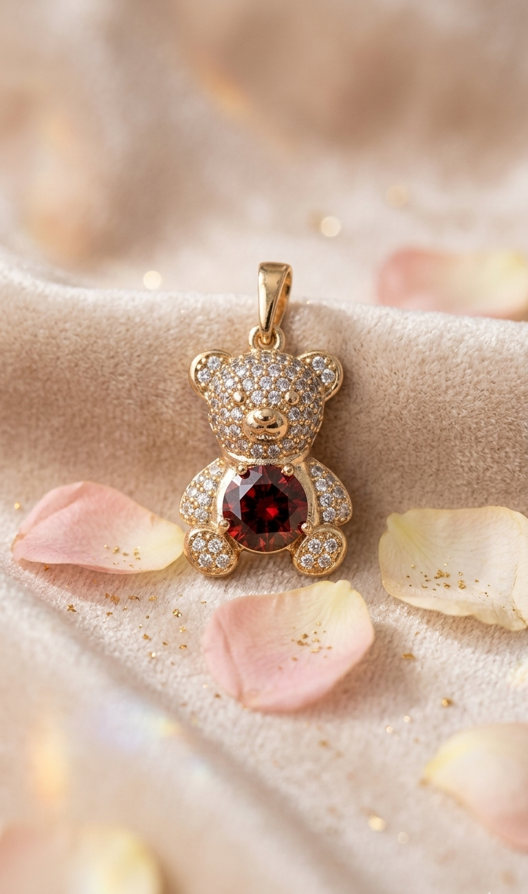 Pavè Diamond And Ruby Red Teddy Pendant-Gold Finish
