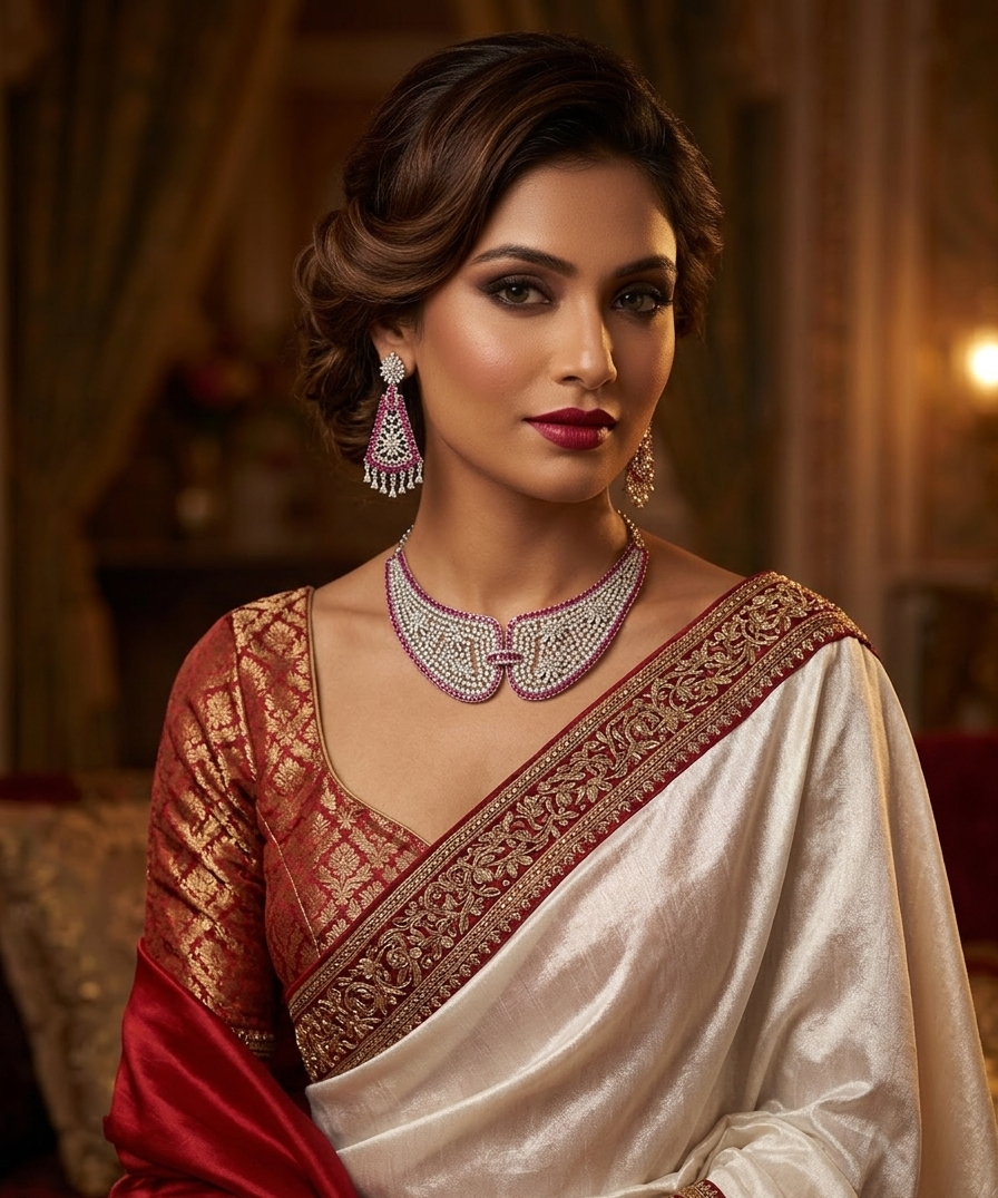 Monarch Majestic Ruby-Trimmed Diamond Bib Choker With Chandelier Earrings-Platinum Finish - Image 2