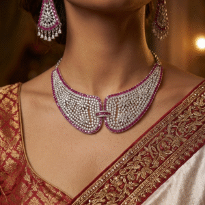 Monarch Majestic Ruby-Trimmed Diamond Bib Choker With Chandelier Earrings-Platinum Finish