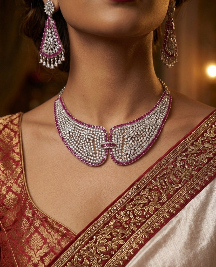 Monarch Majestic Ruby-Trimmed Diamond Bib Choker With Chandelier Earrings-Platinum Finish