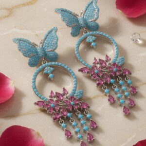 The Monarch Blossom Chandelier Turquoise Butterfly And Pink Tourmaline Drop Earrings-Platinum Finish
