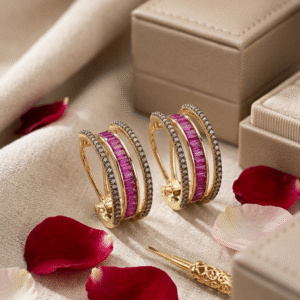 Mansion Ruby Baguette Architectural Hoops-Gold Finish