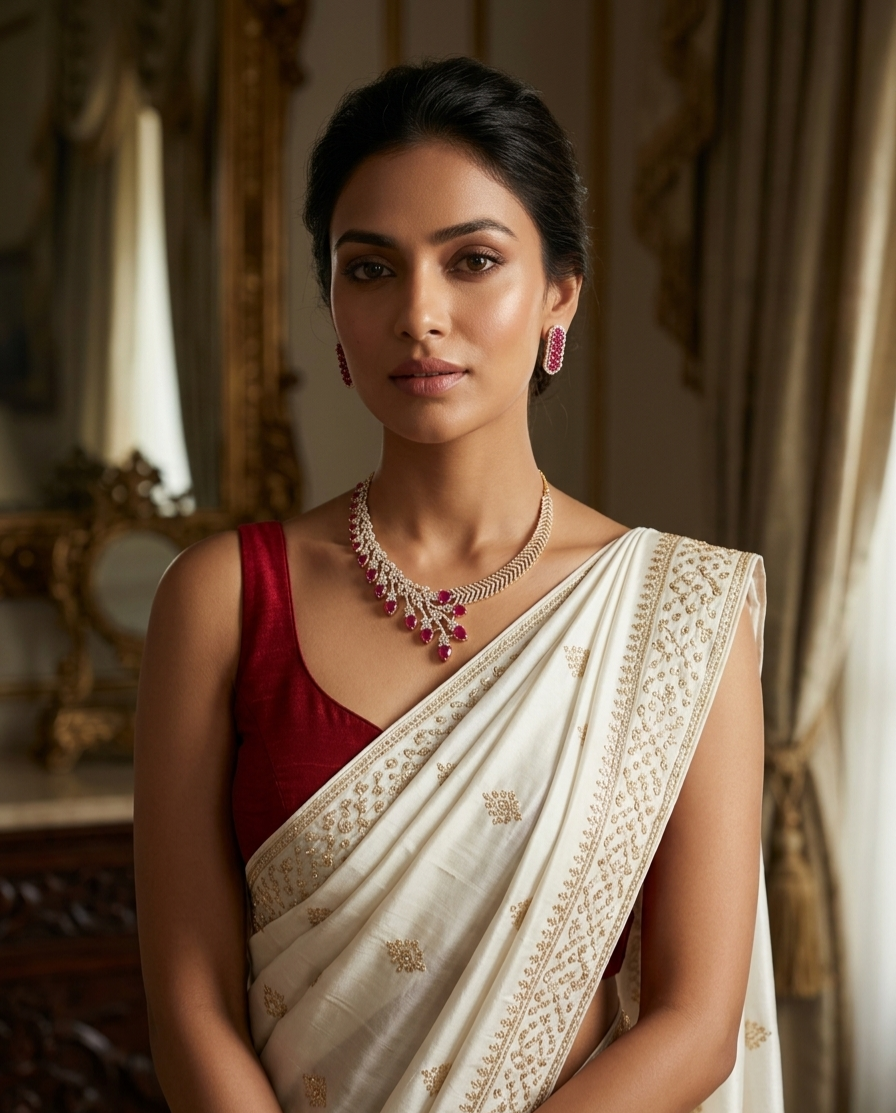Asymmetric Chevron Diamond-Style Ruby Bridal Choker Set-Gold Finish - Image 2