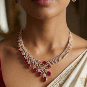 Asymmetric Chevron Diamond-Style Ruby Bridal Choker Set-Gold Finish
