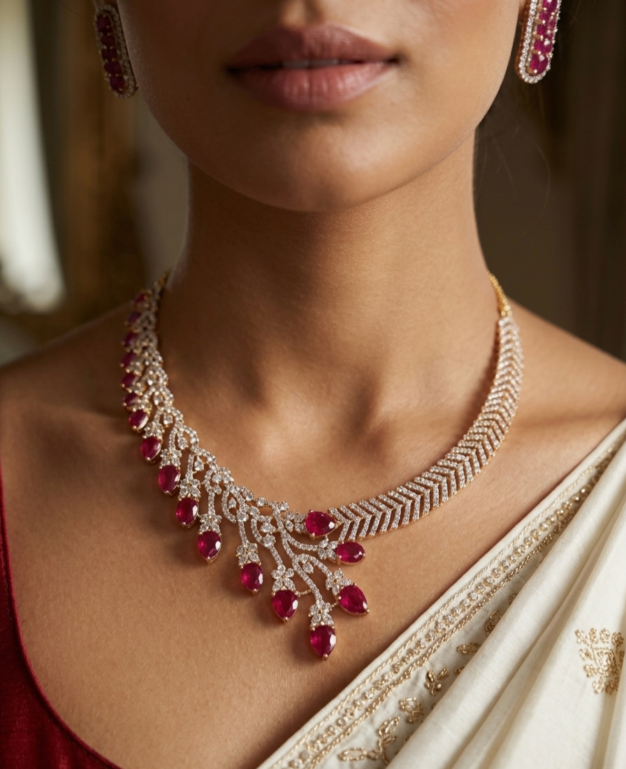 Asymmetric Chevron Diamond-Style Ruby Bridal Choker Set-Gold Finish