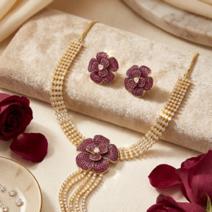 The Rose Élysee Multi-Strand Diamond Mash Ruby Flower Drop Choker Set-Gold Finish
