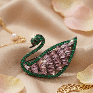 The Esmerald Grace Swan Pale Pink Baguette Brooch-Black Rhodium Finish