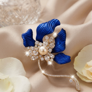 Matte Blue Floral Brooch With Pavè Pearl-Gold Finish