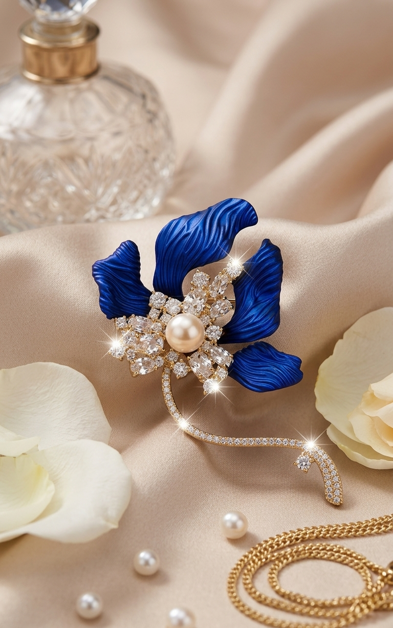 Matte Blue Floral Brooch With Pavè Pearl-Gold Finish