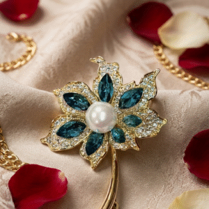 Majestic Azure Maple Luxury Pearl And Teal Leaf Brooch-Gold Finish