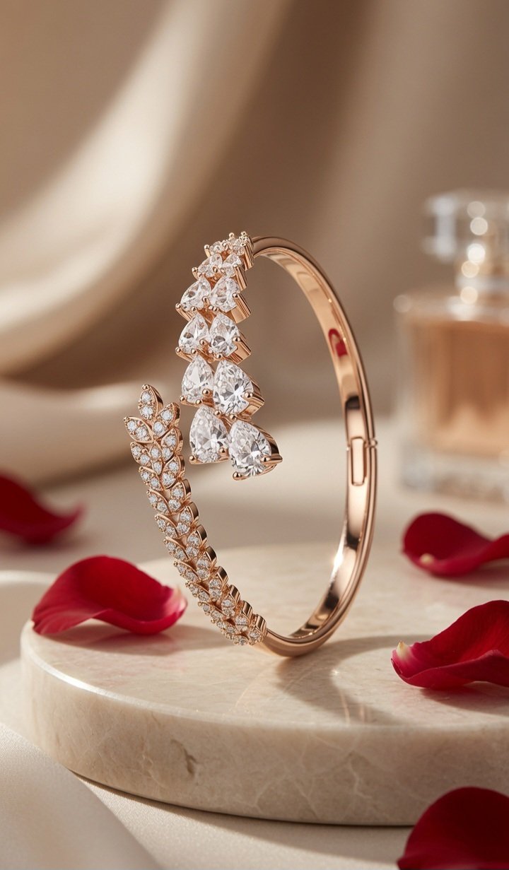 Thalia Asymmetric Luxury Pear-Cut Diamond-Style Cluster Bypass Kada Bracelet-Gold Finish