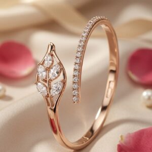 Laurel Open Leaf Motif Asymmetric Kada Bracelet-Rose Gold Finish