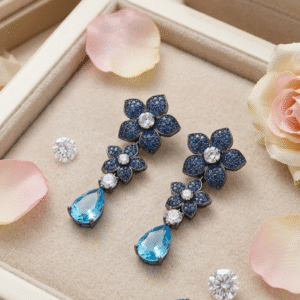 Caspian Midnight Blossom Sapphire And Topaz Drop Earrings-Black Rhodium Finish