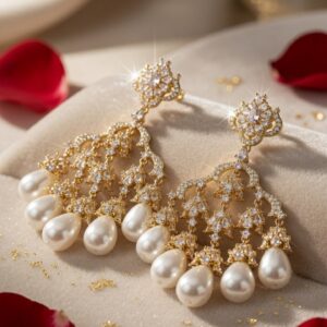 Evangeline Teardrop Pearl Cascade Tiered Chandelier Earrings-Gold Finish