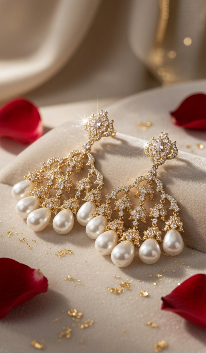 Evangeline Teardrop Pearl Cascade Tiered Chandelier Earrings-Gold Finish