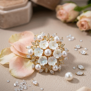 The Heirloom Blossom Carved Mother-Of-Peral And Fine Cultured Peral Magnet Brooch-Gold Finish