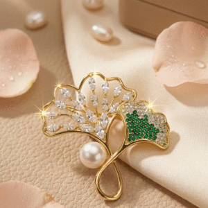 Luxury Pearl And Ginkgo Biloba Leaf Brooch-Gold Finish