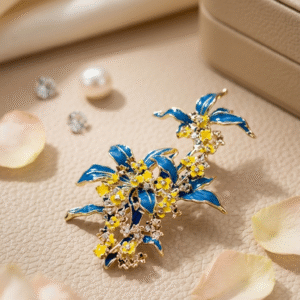 The Azure And Marigold Blossom Floral Enamel Brooch-Gold Finish